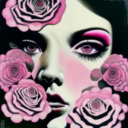 A detailed high quality surreal painting of a delicate, shimmering single pink, personified rose, with a womans face a small pretty face in its petals, two eyes, pouting lips, delictae nose, background is a blurred black and white hypnotic pattern, very mod, 1960s inspired art, psychedelic, highly detailed conceptual art, mixed media collage, dark fantastical, hypnotic atmosphere, fine lines, dali-esc, beautiful and natural, strange art, optical illusion