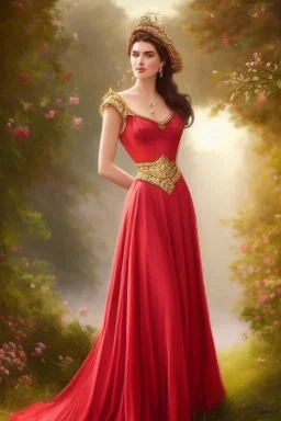 full body shot , beautiful and gorgerous duchess with incredible jewellery in 19th century clothing by Greg Rutkowski and Artgerm and Emile Vernon and Vladimir Volegov, in a red dress, mystical castle background, art illustration, natural beauty, muted colors, pastels, perfect fingers, higly detailed, expressive, high detail, symmetrical, digital painting, symmetrical eyes, dynamic lighting, artstation, cinematic lighting, intricate artwork, emitting diodes, smoke, artillery, sparks, racks, s