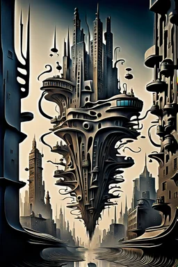 a stunningly weird image of a futuristic metropolis using Salvador Dali's paranoiac-critical method, where buildings and structures appear to melt into the skyline cityscape is filled with floating mad, twisted sharp metal shapes that interact with the buildings and each other, forming a surreal tableau of a dreamlike reality. neu-steampunk vibe, essence of the scene in a cinematic manner, with dramatic shadows that enhance the distorted perspectives and bizarre