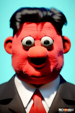 Waist up muppet Portrait, Kim Jong-un muppet doll, black suit, photo studio, red background, unreal engine 5, concept art, art station, god lights, ray tracing, RTX, lumen lighting, ultra detail, volumetric lighting, 3d.