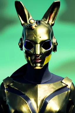 Medium Close Up Portrait, Front image. cyberpunk, rabbit mask, british woman, titanium hair. Latex suit army. Yellow, red, color. Rocketer style. Color background, photo studio. Avatar image, highly detailed, concept art, smooth, unreal engine 5, ray tracing, RTX, lumen lighting, ultra detail, volumetric lighting, 3d, finely drawn, high definition, high resolution.