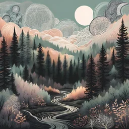 Intricate patterns on a forest landscape, sinister scribbles, pastel colors