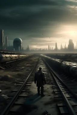 Futuristic dystopian desolate city with subwaytracks on other planet man looking into the distance