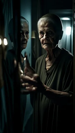 Crafting a terrifying 8K depiction of an evil old woman standing In front of a broken mirror showing the reflection.Hsr presence exudes an unsettling aura of malevolence, instilling fear in all who behold him.