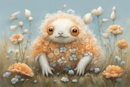 Artist Jean-Baptiste Monge style. A pale orange white little Puschelwuschelkuschel creature on a meadow with pale blue filigree tendrils flowers.