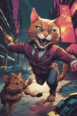 Cómic de un Gato cyberpunk persiguiendo tres ratas vestidas con corbata