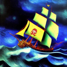 Viejo Barco Pirata navegando en la tormenta con nubes estilo Vincent van Gogh