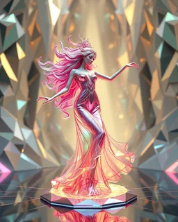 very complex structure ,pretty viberating color environment 3d metalic and crystal recursive animating beveled geometric base very complex structure future world evolving background and goddess realistic modern lady in pretty cleric dress comes out dancing gracefully , viberating color moving very in modern city escape environment while camera tracking it.