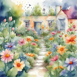 Create a charming and whimsical urban garden's illustration in a watercolour style featuring a garden full of flowers depicting faces on their petals. The scene should evoke a sense of magic and playfulness, making it an enchanting visual for young readers. Emphasize vibrant colors, friendly expressions on the flower faces, and an overall delightful atmosphere. Let the illustration capture the imagination, making it a perfect addition to a children's book or any playful setting.