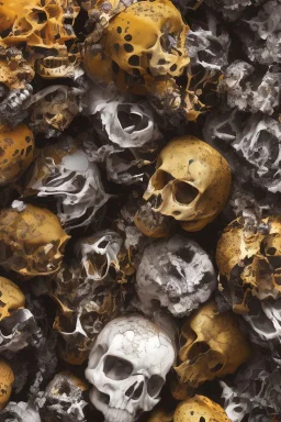 a picture of a dark, comedic, anatomically correct wall of colorful tightly packed skulls of varying sizes and expressions, photo realistic, insanely meticulous, highly detailed, part of a collection of bones on display, 64k, dystopian, vray