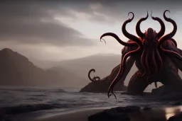 Cthulhu rising, dark, ocean, mist, mountains in background, massive