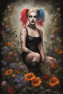 realistic portrait of harley quinn an image of showing a dance of flowers, where each petal and stem moves rhythmically, creating a floral ballet, dark flowery swamp, acid ground, ruins, floral fantasia, dark sci-fi, terraforming with biomechanical