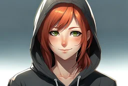 An anime young adult female with medium length red hair, brown eyes, wearing a black hoodie, realistic, slight smile