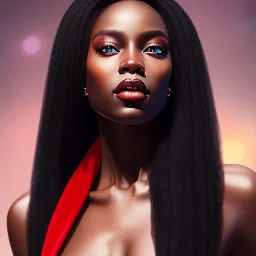 A portrait of a beautiful youthful black woman, with long black flowing hair, wearing a black skintight dress with a red scarf, wizard, magical, ethereal, Warm bright lighting. Concept art by wlop. Ultra quality 8k.