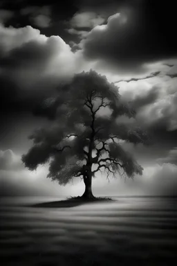 A single chestnut tree standing in isolation, framed by a distant view, captured through a conceptual lens, evoking an illusion of a fine art piece, against a dark cloudy sky, embracing elements of surrealism, in a mesmerizing black and white composition.