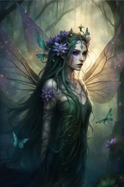 Blomde hair , , dark Fairy wings Purple hair,water lilies,dark fairy princess,nymph,elven crown,dragonflies,tiara,,gothic,glitter,rapunzel hair, very long hair,green eyes, sparkle