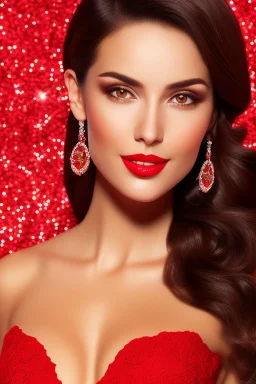 full body shot of young, beautiful Ozbek brunette with a perfect happy face with make up, wearing red lace off shoulder dress, in a dance club, hands on her hips