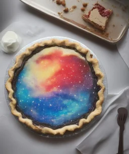 Photorealistic slice of pie with cosmic frosting on a platter