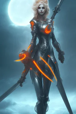 Beautiful futuristic girl, wearing orange glowing armor, orange eye make-up, holding swords, two swords,