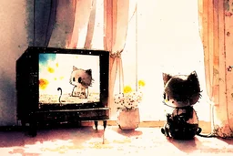 melting watercolor and black ink outlines on wet paper, shading colors, soft stokes, browned, faded, last century style photograph with knitted and embroidered cute chibi anime kitten watching tv in an elegant room, flowers, in sunshine, edges of image appear burnt, ethereal, cinematic postprocessing, bokeh, dof