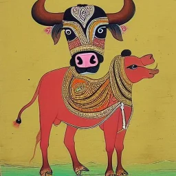 cow with wings holding a lotus and pen in Indian painting style