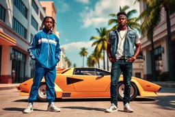 A vibrant, cinematic “Grand Theft Auto: Vice City”-style poster set in a pastel-colored Miami street with Art Deco buildings, tall palm trees, and warm sunlight. Two stylish men stand confidently in front of a vintage Lamborghini Countach. One man wears a blue Adidas tracksuit with white sneakers, hands in pockets, sporting short dreadlocks and a casual relaxed expression. The other man wears a denim vest over a white T-shirt, dark jeans, a bandana, and gold accessories, giving a cool streetwear