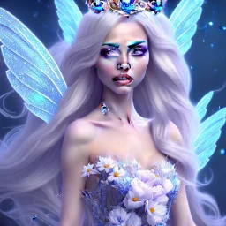 Fantasy cute fairy with wings, smiling, blue eyes, make up, long blond platinum hair, crown, beautiful dress, flowers in background, blender 3D