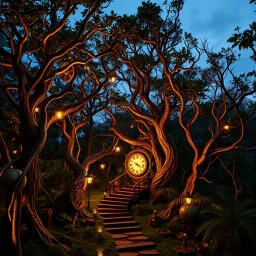 A clockwork forest bathed in twilight, where brass trees tick with gears and glowing vines weave through copper branches. This is the Garden of Practicality — a biomechanical sanctuary inspired by Ix Chel, blending Mayan motifs with steampunk elegance. Lush, mystical, and intricately detailed.