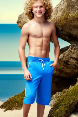 full body image of a beautiful 12 year old boy with long, blonde curly hair and light blue eyes, smiling, shirtless, in front of an distant beach, 8k