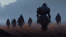 marching machine soldiers, creepy landscape, techno gothic visual composition, science fiction painting, Denis Sarazhin, Quint Buchholz, Simon Stålenhag, Neil Blomkamp, Christopher Shy, Alejandro Burdisio, RAW, gritty high contrast, atmospheric horror, unsettling art, dark palette, harsh colour