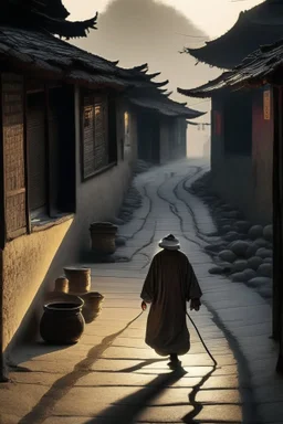 Man walks on road's chinese village with playing light and shadow as ho fan style