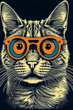 CAT wearing sunglasses, Style: , Mood: Groovy, T-shirt design graphic, vector, contour, WITH background.