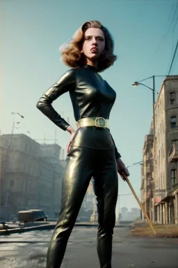 retro portrait image from 1960, city background, wind, long hair, young Scarlett Johansson, classic black tight lycra suit, metal stick weapon, gold bracelet and belt, high heel boots, soft color, highly detailed, unreal engine 5, ray tracing, RTX, lumen lighting, ultra detail, volumetric lighting, 3d, finely drawn, high definition, high resolution.