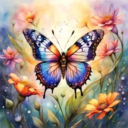 Digital watercolor illustration, beautiful colorful highly detailed butterfly, landing on a bloom of a beautiful dew filled flower, fantasyscape sunrise, by Waterhouse, Carne Griffiths, Minjae Lee, Greg Simpkins, Stylized watercolor art, Intricate, Complex contrast, HDR, Sharp, soft Cinematic Volumetric lighting, deep vibrant lush luminous colors, perfect masterpiece