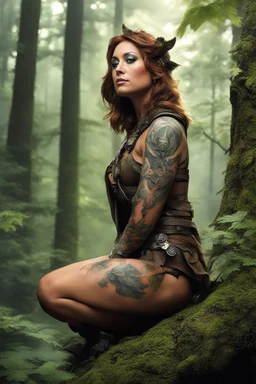 [Endor, tattooed Tracey Adams warrior] Tracey Adams kneels watchful upon her chosen branch high above the city. Soft glows through the leaves below speak of hearths lit and eyelids growing heavy as the Ewoks within ready themselves for sleep. But she will keep her mantle of guardian a while longer yet. With subtle shifts and flickers, the tattoos adorning her frame seem to writhe in the dimness like nothing so much as the vines and branches around her. Great serpents and ravens curl in tune to