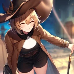 Clear focus, High resolution, short brown spiky hair, hair between eyes, eyes closed, wearing a brown detective hat, wearing a brown jacket and a black shirt, wearing black shorts, 1girl, pulling at down, smiling