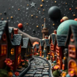 Detailed close-up street made of modeling clay and felt, village, stars, galaxy and planets, black sun, volumetric light, Max Ernst, flowers, naïve, Tim Burton, strong texture, extreme detail, Yves Tanguy, decal, rich moody colors, sparkles, Harry Potter, bokeh, odd