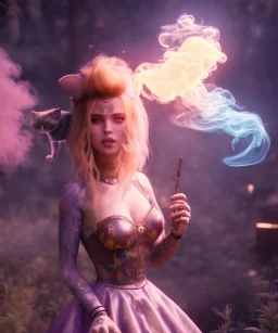 Ultra realistic wonderland photo, happy blonde woman smoking a shisha, blue dress, purple-cat friend, circus dress style, old school tattoo, smoke, marijuana garden, glow eyes, perfect iris, soft color, highly detailed, unreal engine 5, cinematic, ultra detail, volumetric lighting, high definition.