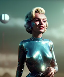 Ultra Realistic retro sci-fi 1960 scene, waist up view portrait, blonde woman, sweet young Marilyn Monroe face, perfect iris, tight latex coat, alien planet background, tight style, steel sphere dron levitating, fog, rain, soft color, highly detailed, unreal engine 5, ray tracing, RTX, lumen lighting, ultra detail, volumetric lighting, 3d, finely drawn, high definition, high resolution.