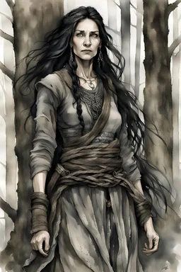 ink wash and watercolor illustration of an ancient grizzled, gnarled female vagabond wanderer, long, black hair streaked with grey, highly detailed facial features, sharp cheekbones. Her eyes are black. She wears weathered roughspun Celtic clothes, emaciated and tall, with pale skin, full body , thigh high leather boots within a forest of massive ancient oak trees in the comic book style of Bill Sienkiewicz and Jean Giraud Moebius , realistic dramatic natural lighting, rich earth tone colors
