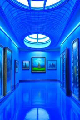 A museum for displaying paintings whose side walls are oval and made of blue glass