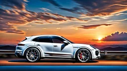 A sleek white shiny (((Porsche Bntayga SUPER))), its contours and details perfectly captured in a (((cinematic view))), zipping along a winding road under a beautiful blue black night sky