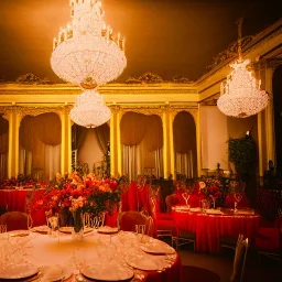 Party in a ballroom, Austrian aesthetic, warm colors, 8k, HD, cinematography, photorealistic, Cinematic, Color Grading, Ultra-Wide Angle, Depth of Field, hyper-detailed, beautifully color-coded, insane details, intricate details, beautifully color graded, Cinematic, Color Grading, Editorial Photography, Depth of Field, DOF, Tilt Blur, White Balance, 32k, Super-Resolution, Megapixel, ProPhoto RGB, VR, Halfrear Lighting, Backlight, Na