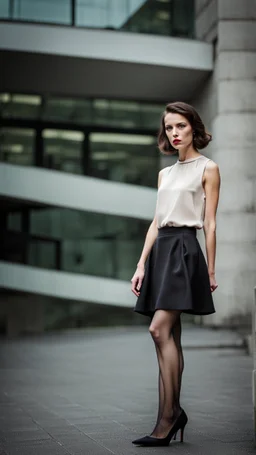 beautiful anorexic secretary, total shot, short satin skirt, nylons, short brunette wavy bob hair, blurred concrete background