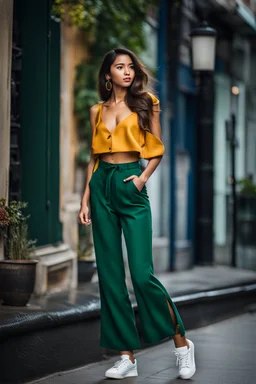 full body shot Young woman, 20 years old, wearing nice pant and top walk in street,looking to camera