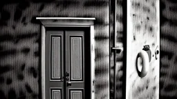 unhinged door, anime, monochrome, black background, ink, simple, maximum quality, broken hinge, barely functioning, why is it still being used it's a health hazard