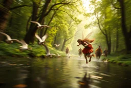 oil painting ,motion blur running caped long haired pixie Quickling - Forgotten Realms dodging geese above water and along winding branches in lush green forest along speeding horses , bokeh like f/0.8, tilt-shift lens 8k, high detail, smooth render, down-light, unreal engine, prize winning