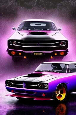 dodge super bee full body on wet road at night, hyper realistic, purple flames