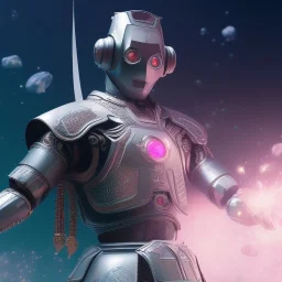 A portrait of a crystalised robot samurai with yakuza tatu, atmospheric, realistic, unreal engine cosmic galactic, cinematic lighting, octane render, transparent,bleu pink light, Horse tail, cristal goutte rose sur le front