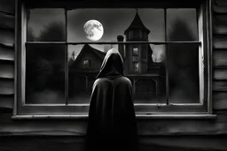 fantasy, black and white, surrealist, high contrast, high shadows, ambient mystery, tim burton character, a woman with cape and hood is outdoor, a woman old wood house and look through window inside house, woman with her back to the camera, close up window, light on inside house, woman in front of window, light on inside house, reflection moon in a glass window